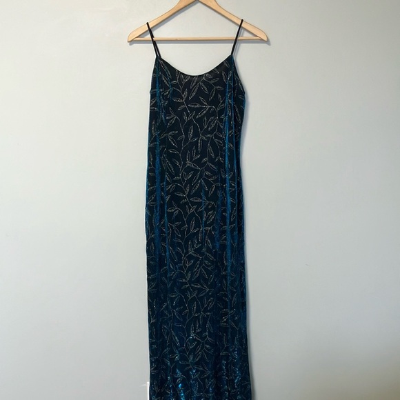 Jessica McClintock Gunne Sax Floral Blue Silver Iridescent Maxi Slip Dress - Picture 1 of 6